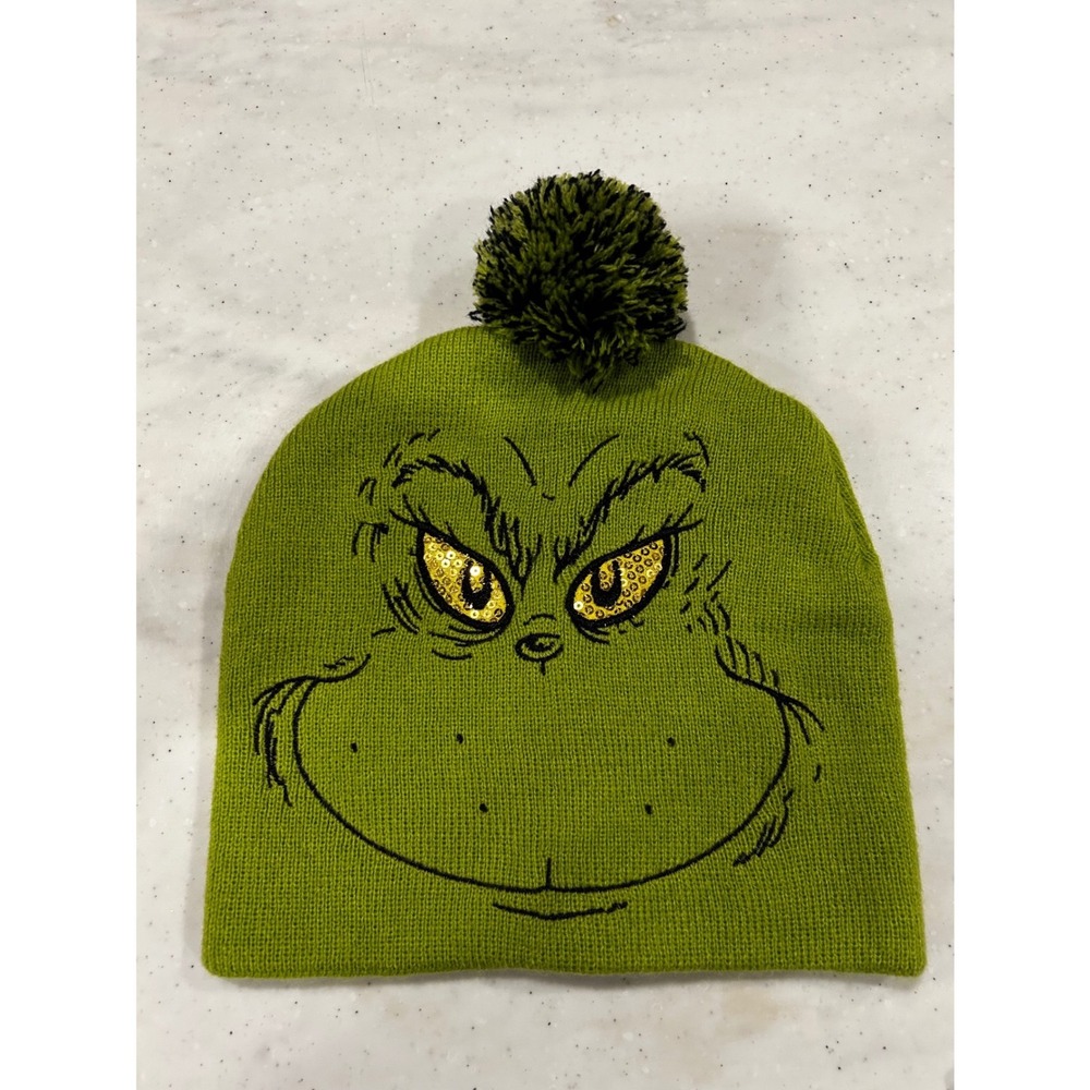 Dr Seuss The Grinch Christmas Beanie Hat Green Sequin Eyes Pom Pom One Size
